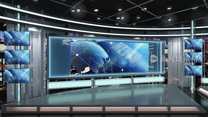 虚拟电视演播室新闻集1.2-11绿幕背景。3 d渲染。